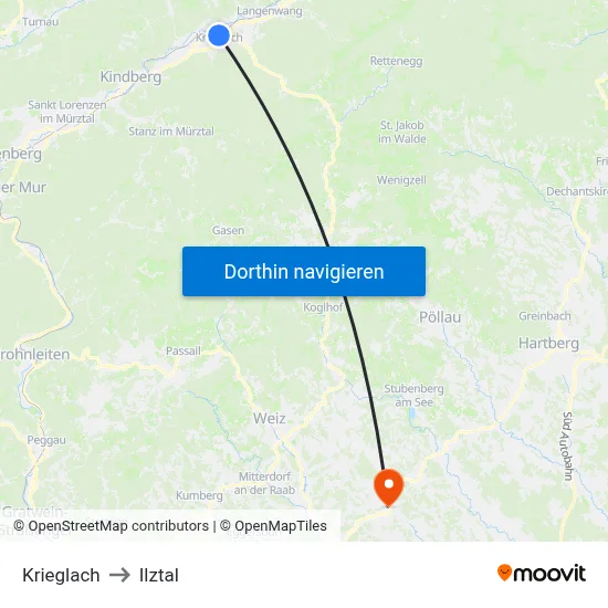 Krieglach to Ilztal map
