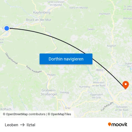 Leoben to Ilztal map