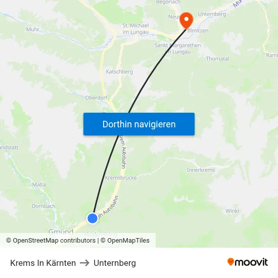 Krems In Kärnten to Unternberg map