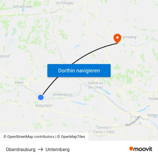 Oberdrauburg to Unternberg map