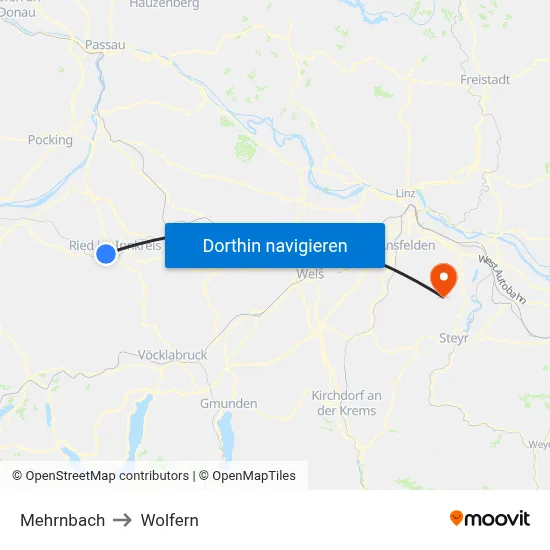Mehrnbach to Wolfern map