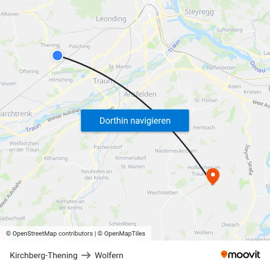 Kirchberg-Thening to Wolfern map