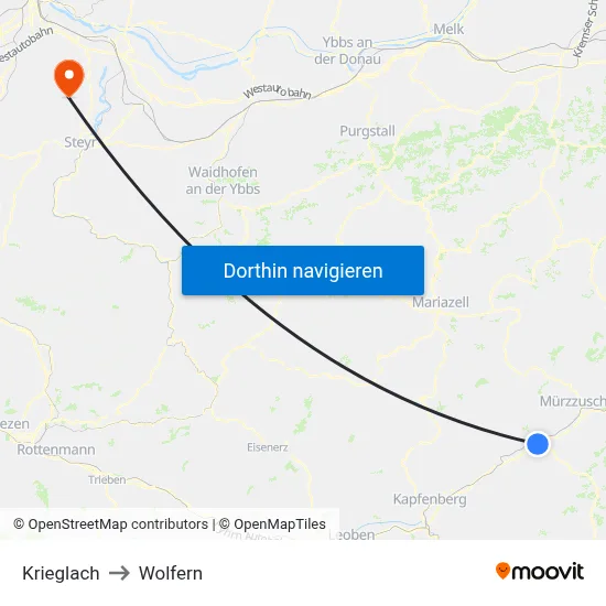 Krieglach to Wolfern map