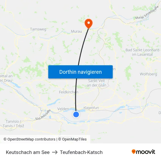 Keutschach am See to Teufenbach-Katsch map