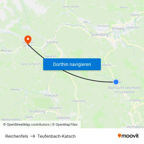 Reichenfels to Teufenbach-Katsch map