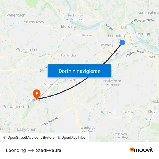 Leonding to Stadl-Paura map