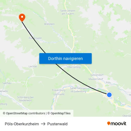 Pöls-Oberkurzheim to Pusterwald map