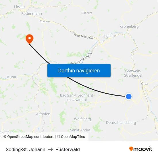 Söding-St. Johann to Pusterwald map