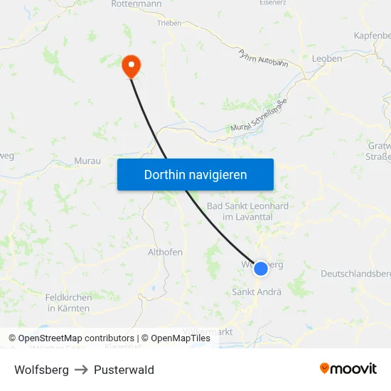 Wolfsberg to Pusterwald map