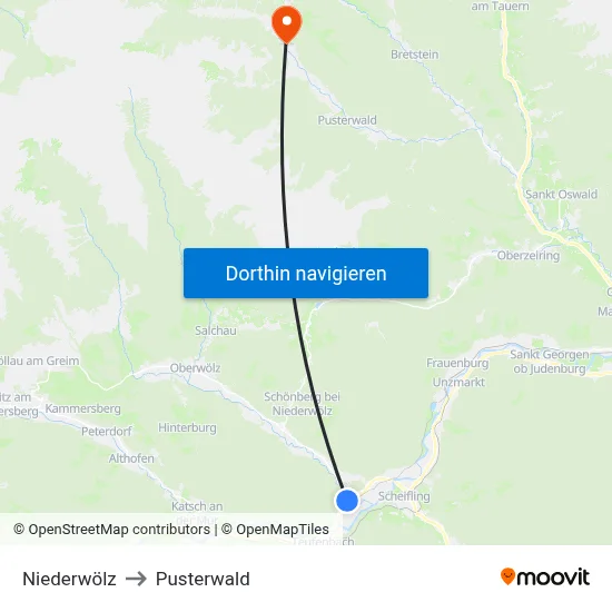 Niederwölz to Pusterwald map