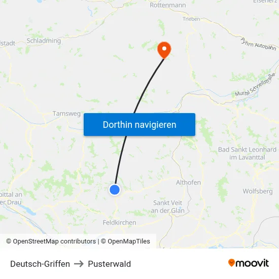 Deutsch-Griffen to Pusterwald map