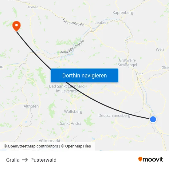 Gralla to Pusterwald map