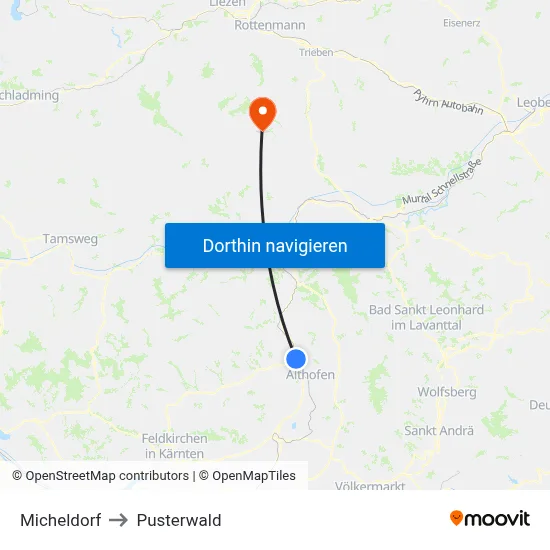 Micheldorf to Pusterwald map