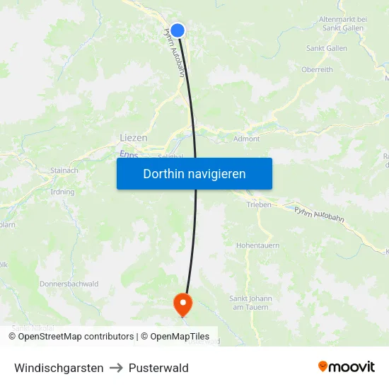 Windischgarsten to Pusterwald map