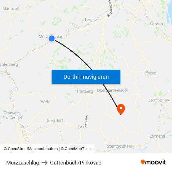 Mürzzuschlag to Güttenbach/Pinkovac map