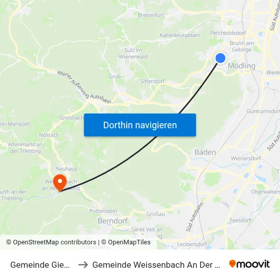 Gemeinde Gießhübl to Gemeinde Weissenbach An Der Triesting map
