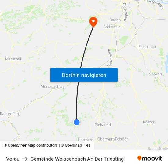 Vorau to Gemeinde Weissenbach An Der Triesting map