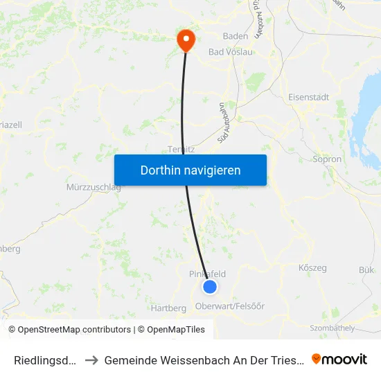 Riedlingsdorf to Gemeinde Weissenbach An Der Triesting map
