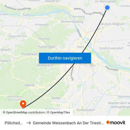 Pillichsdorf to Gemeinde Weissenbach An Der Triesting map