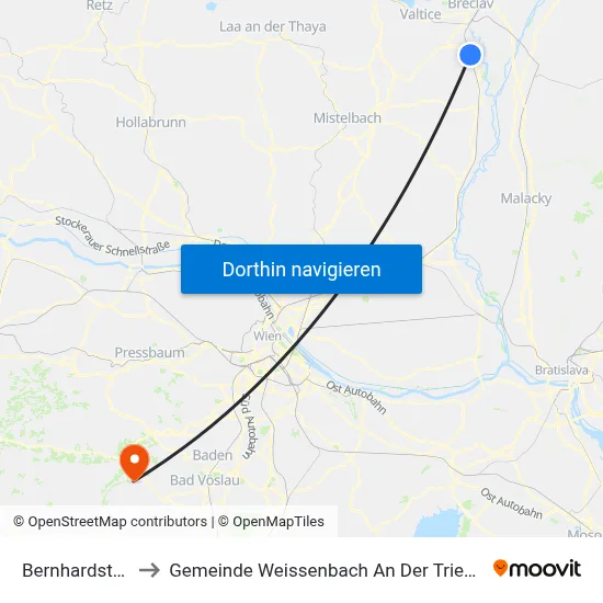 Bernhardsthal to Gemeinde Weissenbach An Der Triesting map