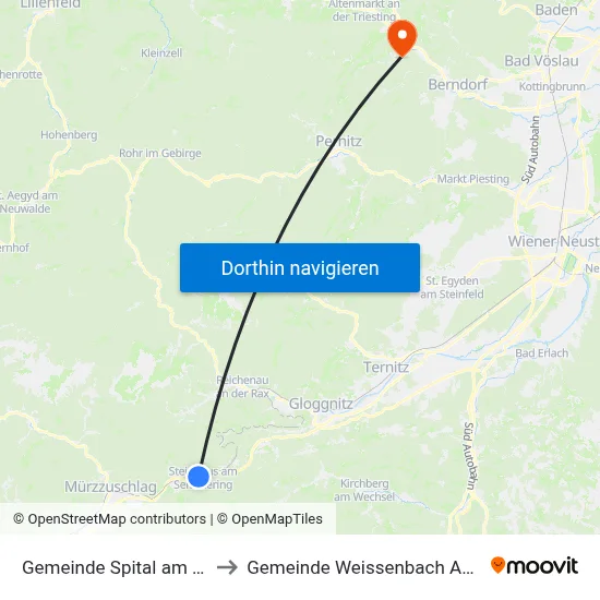 Gemeinde Spital am Semmering to Gemeinde Weissenbach An Der Triesting map