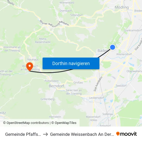 Gemeinde Pfaffstätten to Gemeinde Weissenbach An Der Triesting map