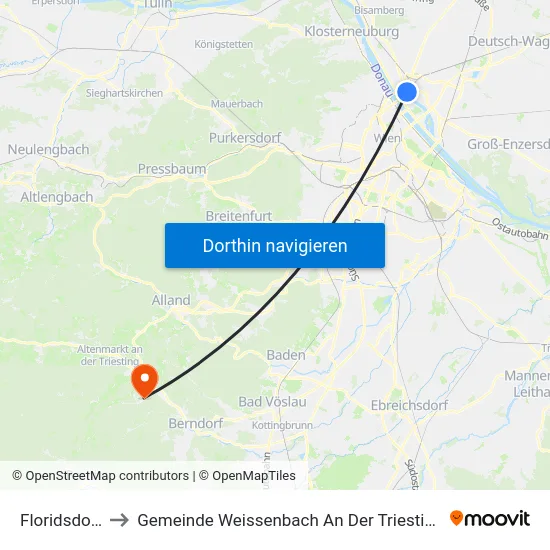 Floridsdorf to Gemeinde Weissenbach An Der Triesting map