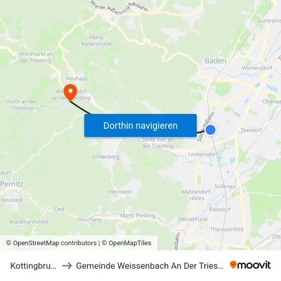 Kottingbrunn to Gemeinde Weissenbach An Der Triesting map