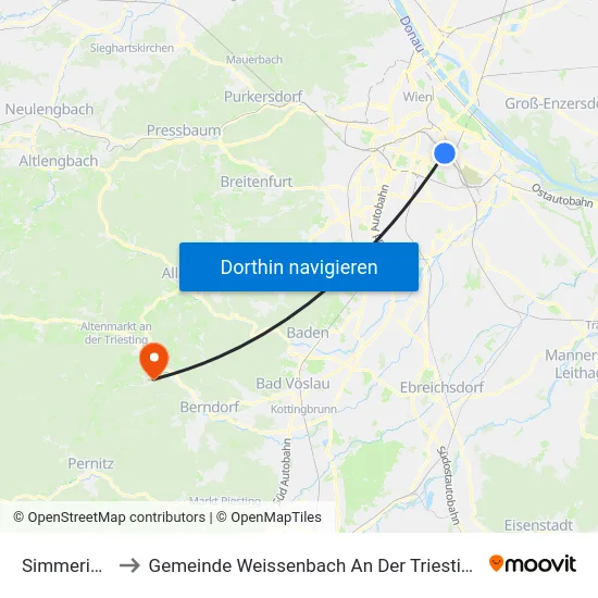 Simmering to Gemeinde Weissenbach An Der Triesting map