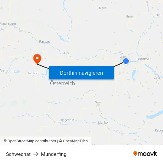 Schwechat to Munderfing map