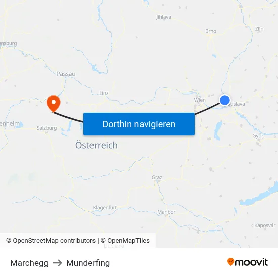 Marchegg to Munderfing map