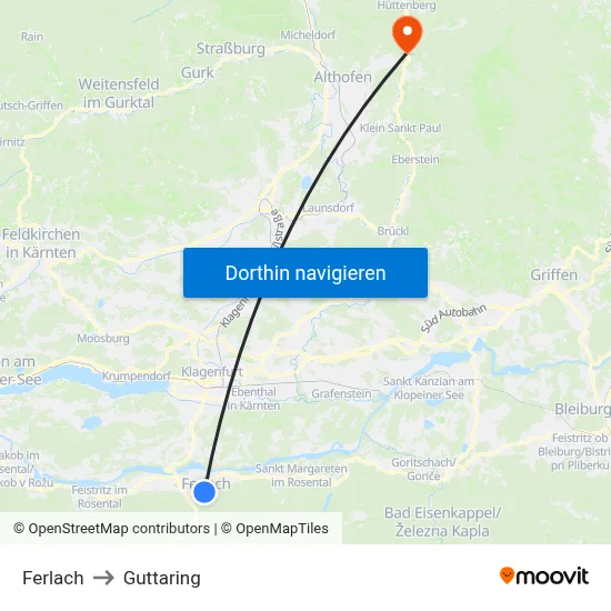 Ferlach to Guttaring map