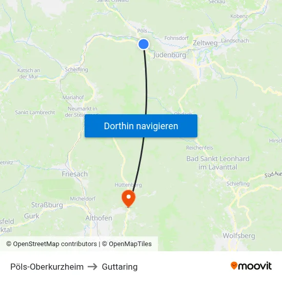Pöls-Oberkurzheim to Guttaring map