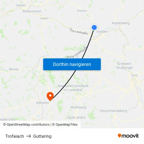 Trofaiach to Guttaring map
