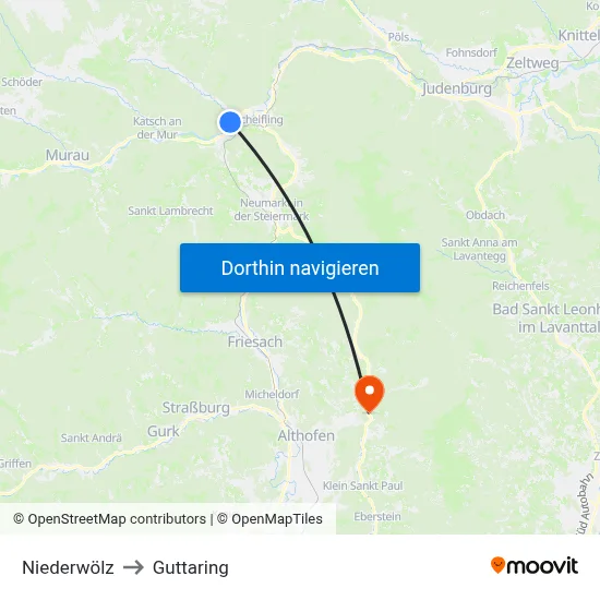 Niederwölz to Guttaring map