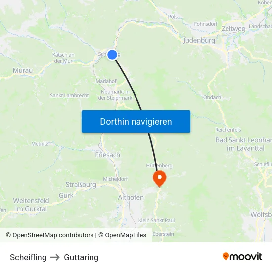 Scheifling to Guttaring map