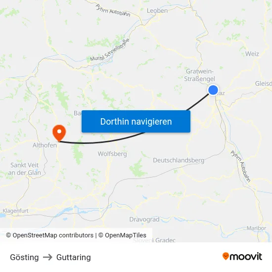 Gösting to Guttaring map