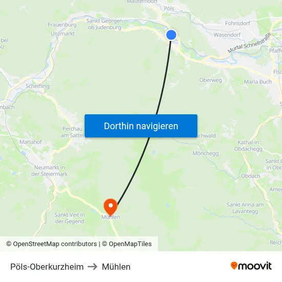 Pöls-Oberkurzheim to Mühlen map