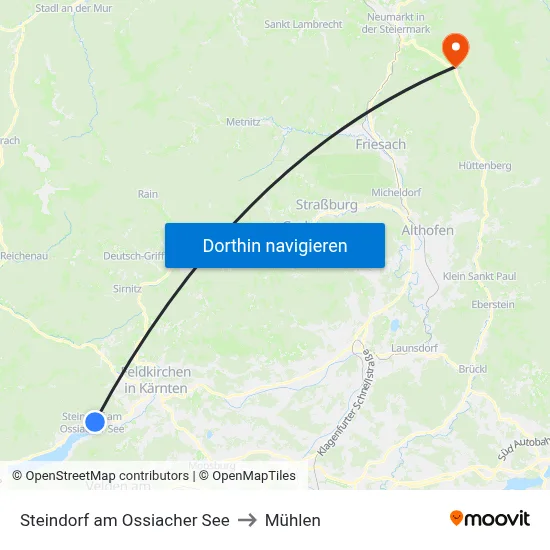 Steindorf am Ossiacher See to Mühlen map