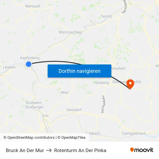Bruck An Der Mur to Rotenturm An Der Pinka map