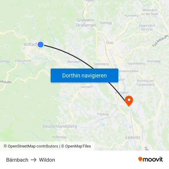 Bärnbach to Wildon map