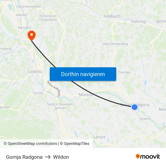 Gornja Radgona to Wildon map