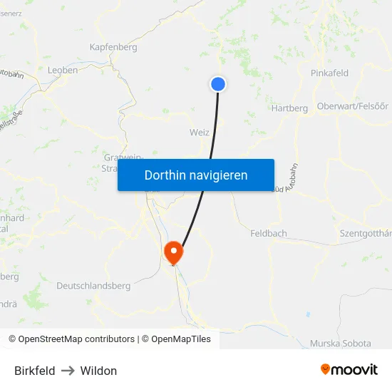Birkfeld to Wildon map