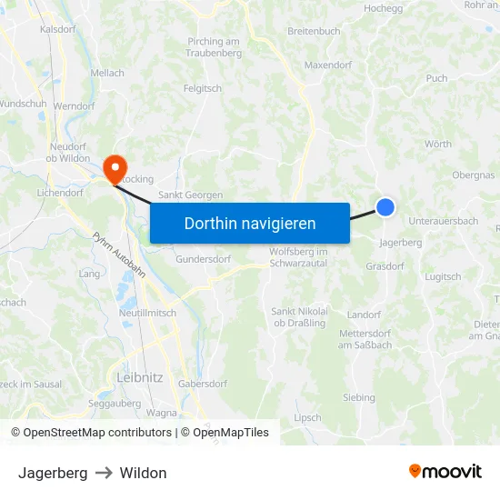Jagerberg to Wildon map