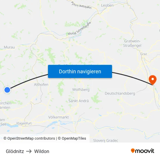 Glödnitz to Wildon map