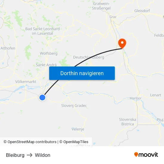 Bleiburg to Wildon map