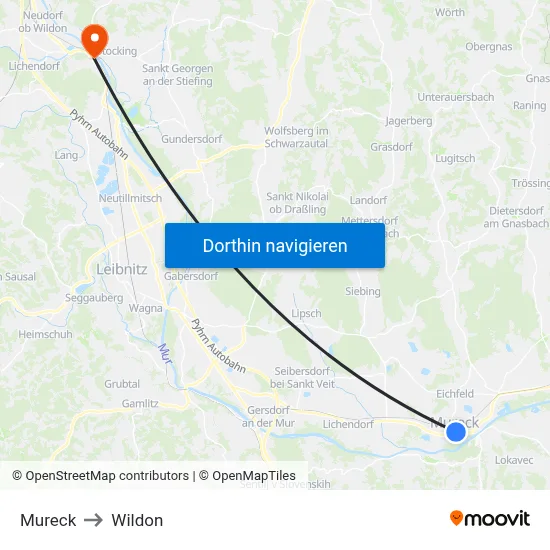 Mureck to Wildon map