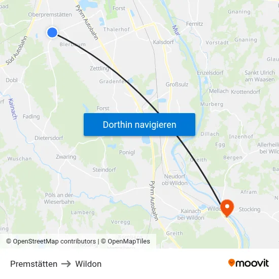 Premstätten to Wildon map