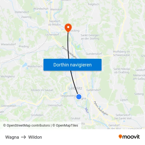 Wagna to Wildon map
