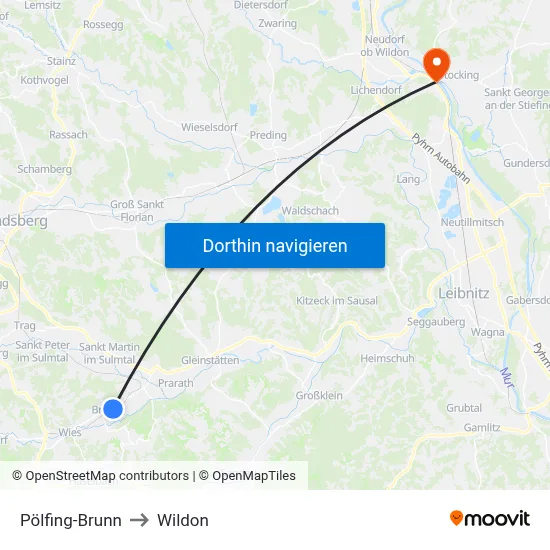 Pölfing-Brunn to Wildon map